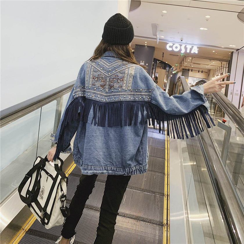 Elegant women Oversized Embroidered Tassel Fringe Denim Jacket