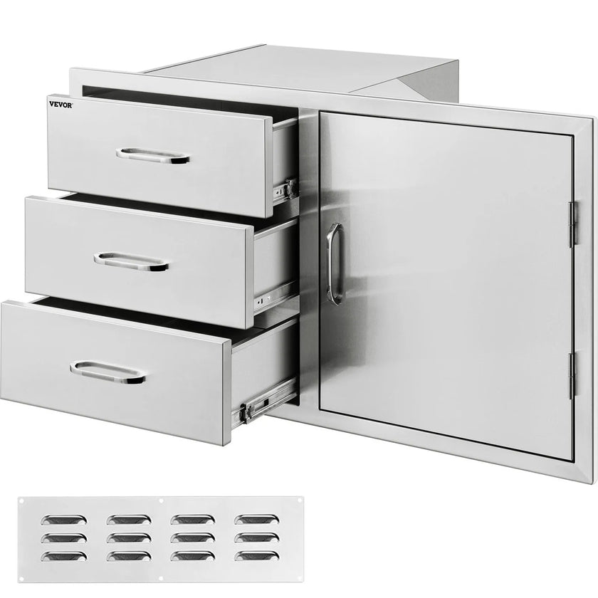 VEVOR Outdoor Kitchen Door Drawer Combo 38.1\'\'W x 22.6\'\'H x 20.8\'\'D, BBQ Access Door/Triple Drawers Combo with Stainless Steel Handles, Perfect for BBQ Island Patio Grill Station