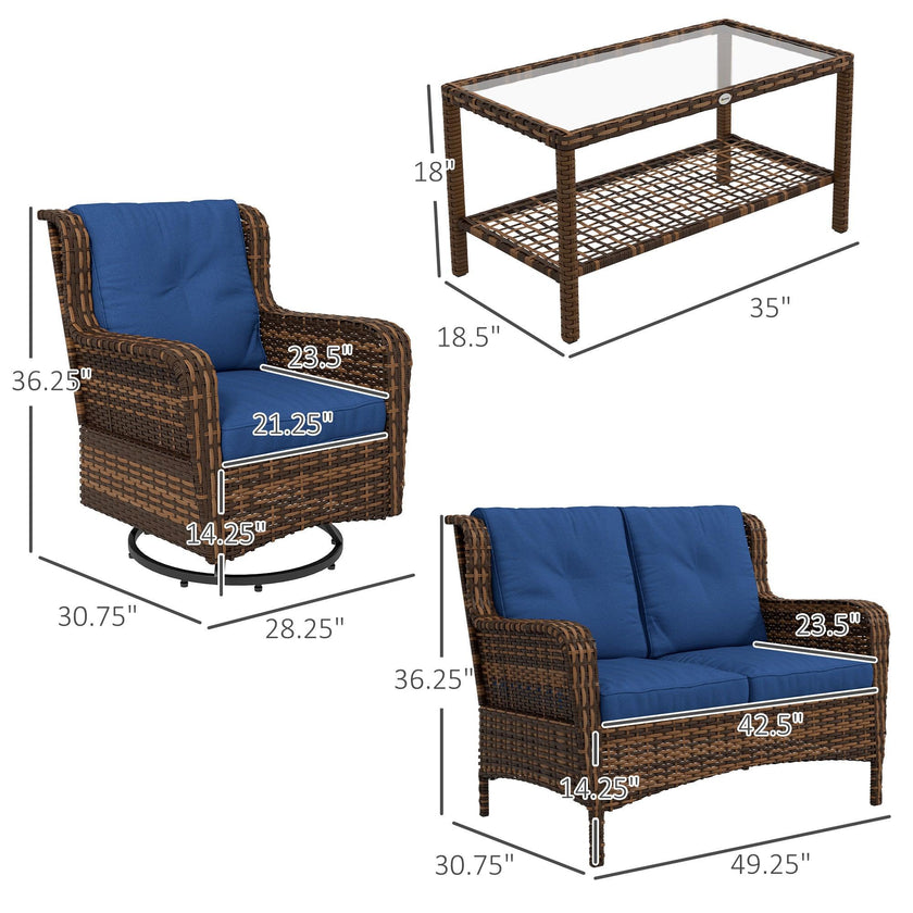 4 Piece Rattan Patio Furniture Set, Conversation Set with Swivel Glider Chairs Table Loveseat for Garden, Patio, Blue
