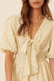 Floral V Neck Tie Puff Sleeve Smock Mini Dress