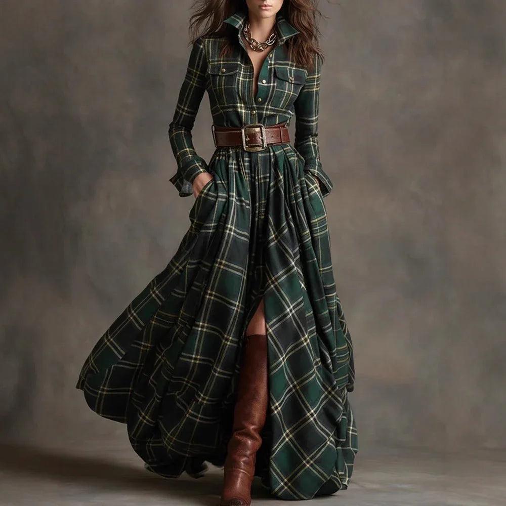 Large Size Women's Clothing French Retro Grid Slim Irregular Dress