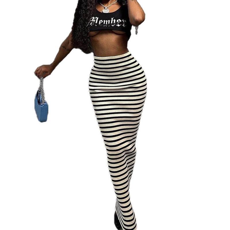 High-waisted Black And White Striped Straight Long Pencil Skirt