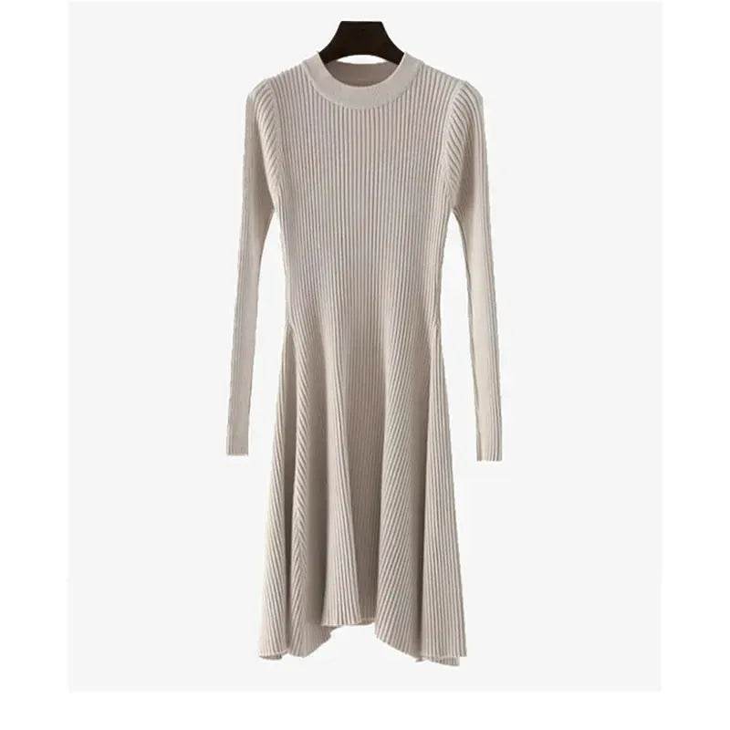 Autumn Winter Round neck Slim fit Mini Flared Sweater Dress