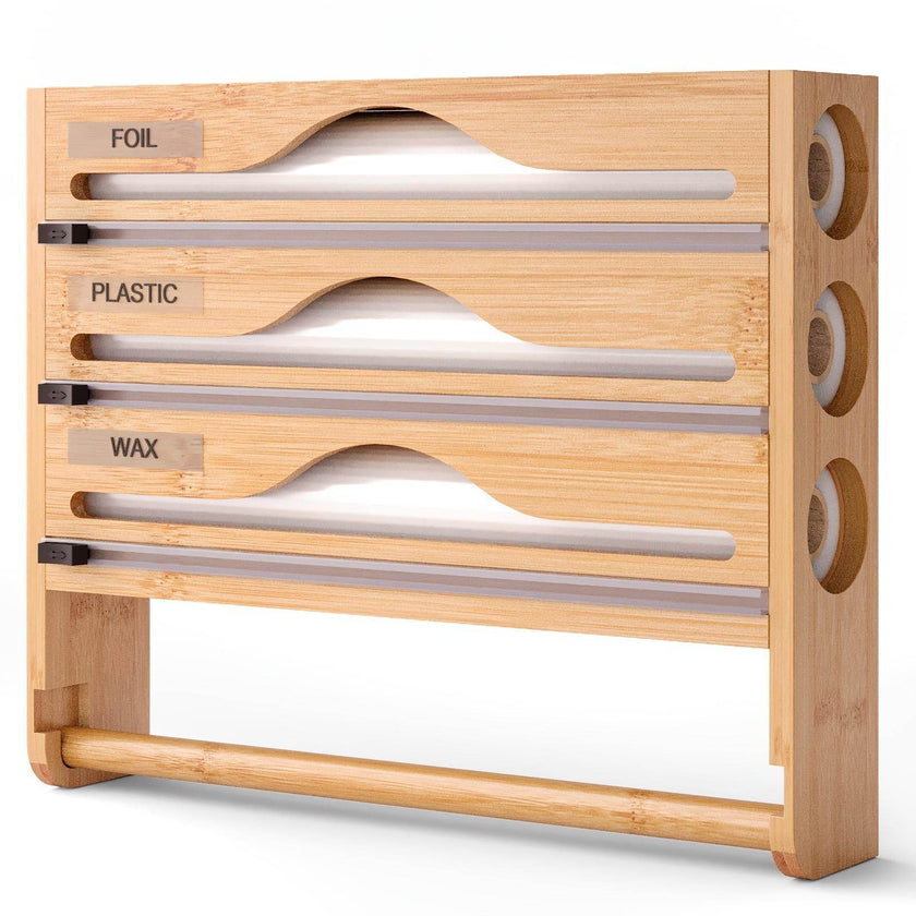 3 grid Bamboo Wood Wall Mounted Food Wrap Dispenser