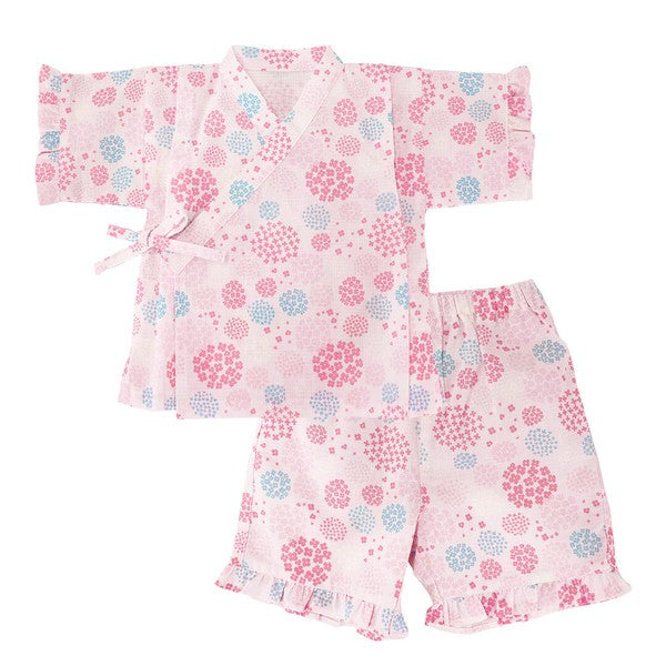 [Pre-Order] Girls' Jinbei Set with Frills: Hydrangea Pattern 2-Piece Set (Cool Grid Weave) (Save 50% in January)