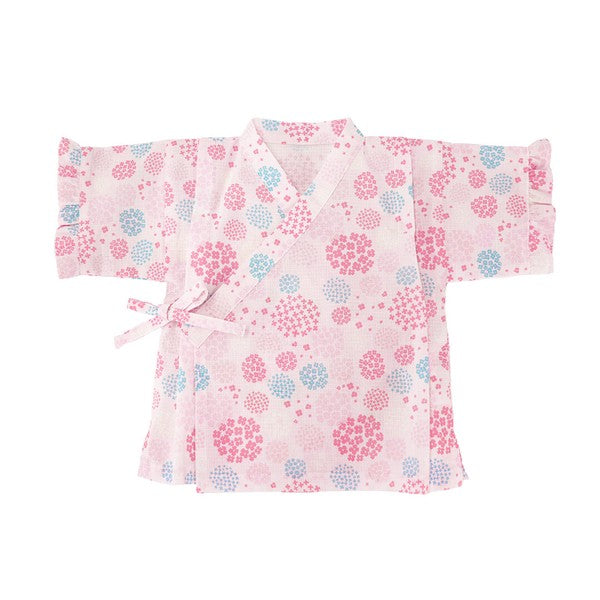 [Pre-Order] Girls' Jinbei Set with Frills: Hydrangea Pattern 2-Piece Set (Cool Grid Weave) (Save 50% in January)