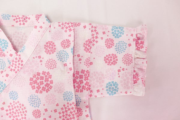 [Pre-Order] Girls' Jinbei Set with Frills: Hydrangea Pattern 2-Piece Set (Cool Grid Weave) (Save 50% in January)