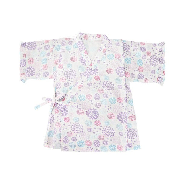 [Pre-Order] Girls' Jinbei Set with Frills: Hydrangea Pattern 2-Piece Set (Cool Grid Weave) (Save 50% in January)