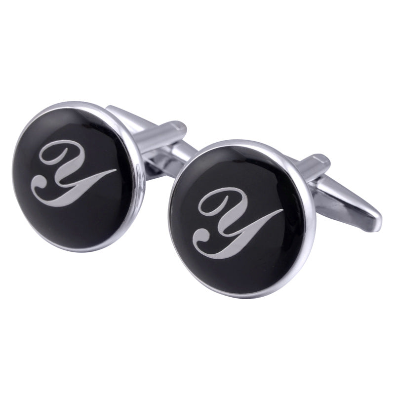 Men's Black Round Enamel Initial Letter Cufflinks – Brass & Crystal Formal Cufflinks A–Y | Canada & USA