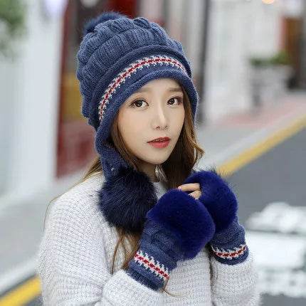 Women Cozy Knit Fleece-Feel Beanie With Ear Flaps Winter Hat Perfect For Skiing & Outdoor Activities