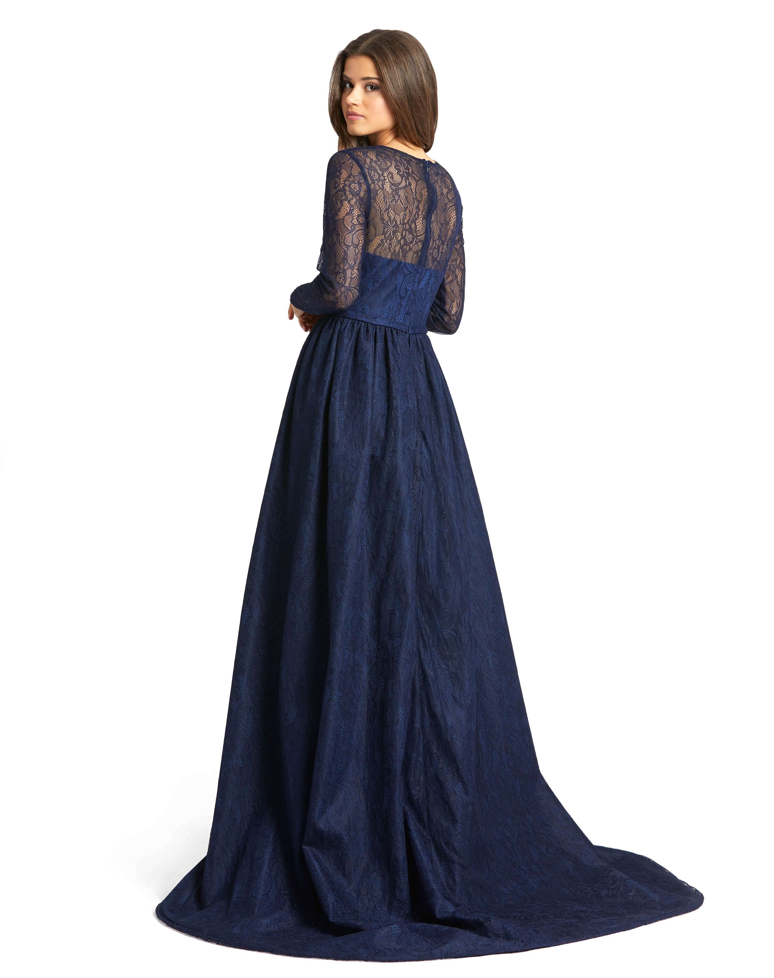 Lace Illusion Long Sleeve Gown with Overlay Skirt