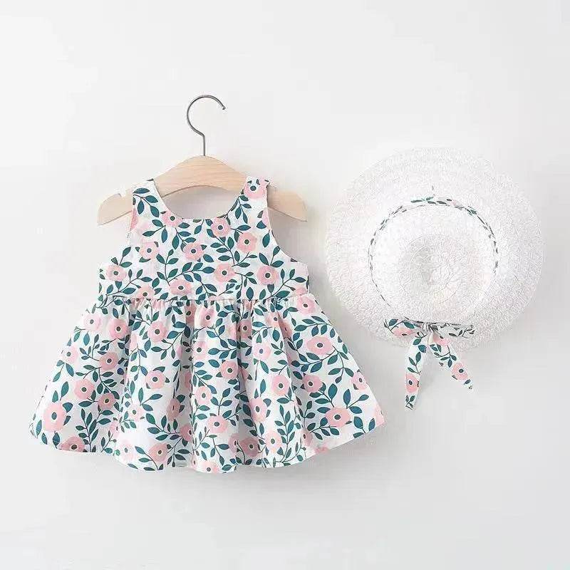Baby Girl Floral Princess Dress with Matching Hat – Cotton Suspender Sundress for Toddlers