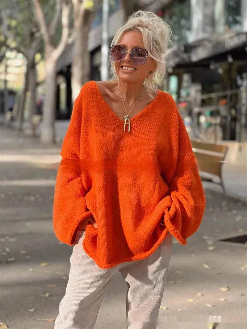 Women's Fashion V-neck Long-sleeve Knitwear 2-color Sweater dress