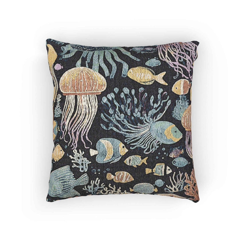 Underwater Jellyfish and Fish Woven Pillow | Ocean Reef Tapestry Cushion