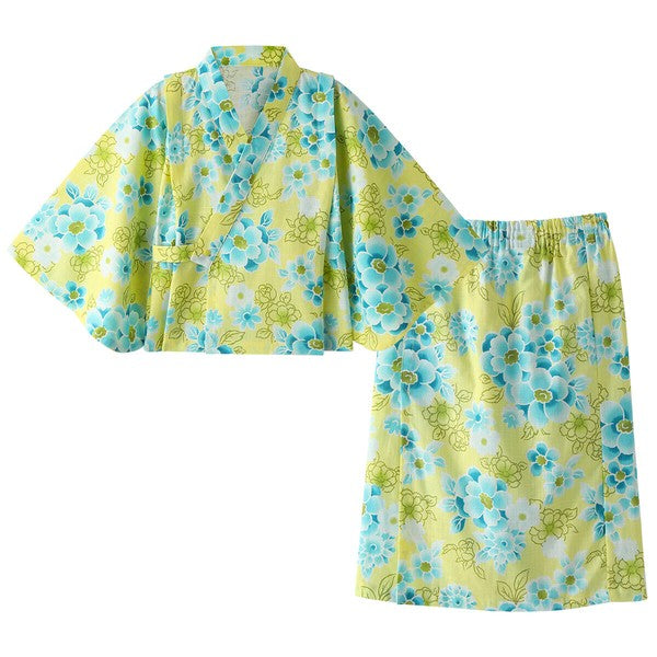 [Pre-Order] Kids' Easy-Wear Yukata: Yellow Floral 2-Piece Set (Cool Slub Cotton - Obi Sold Separately) (Save 50% in January)