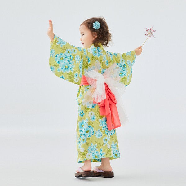[Pre-Order] Kids' Easy-Wear Yukata: Yellow Floral 2-Piece Set (Cool Slub Cotton - Obi Sold Separately) (Save 50% in January)