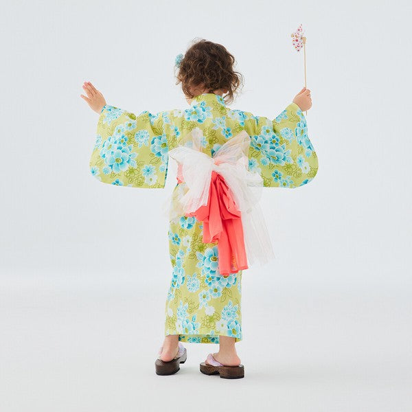 [Pre-Order] Kids' Easy-Wear Yukata: Yellow Floral 2-Piece Set (Cool Slub Cotton - Obi Sold Separately) (Save 50% in January)
