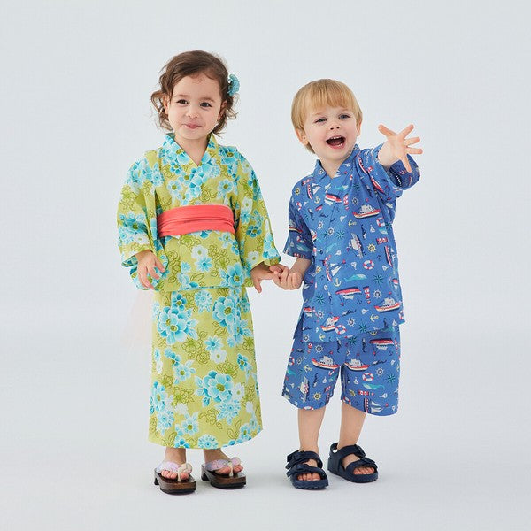 [Pre-Order] Kids' Easy-Wear Yukata: Yellow Floral 2-Piece Set (Cool Slub Cotton - Obi Sold Separately) (Save 50% in January)