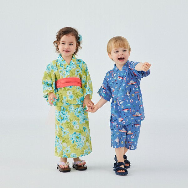 [Pre-Order] Kids' Easy-Wear Yukata: Yellow Floral 2-Piece Set (Cool Slub Cotton - Obi Sold Separately) (Save 50% in January)