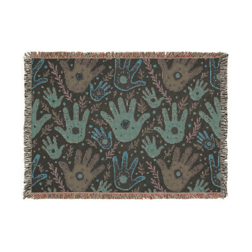 Handprint Pattern Woven Blanket — Boho Tribal Throw for Living Room, Nursery, or Gift