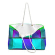 Teal Purple Geometric Pattern Weekender Bag | Colorful Cube Design, Large Tote Bag