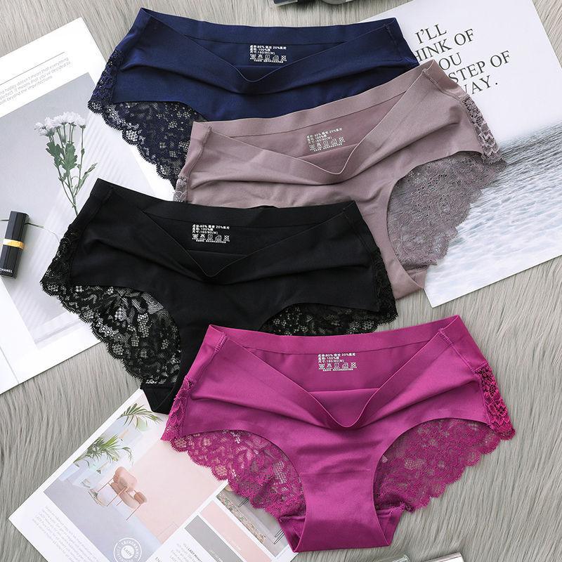 Women's Ice Silk Lace Briefs 3-Pack Seamless Mid-Waist Floral Underwear
