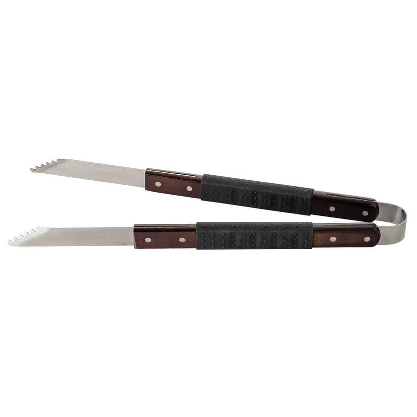 TableCraft Wooden Handle Grilling Tongs With Black Soft Grip