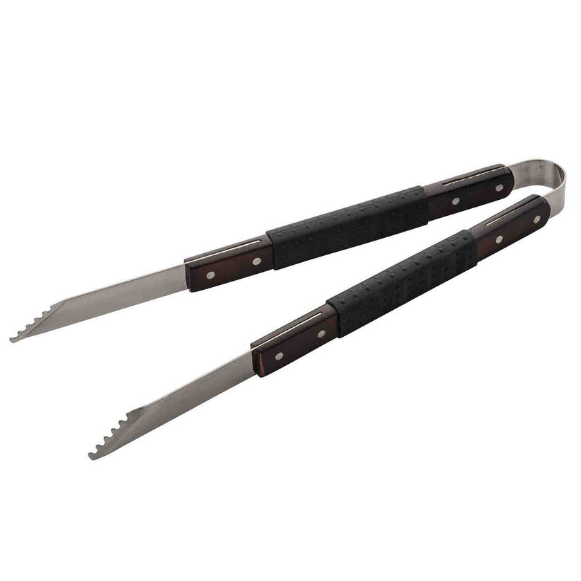 TableCraft Wooden Handle Grilling Tongs With Black Soft Grip