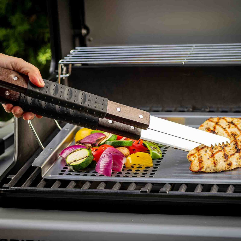 TableCraft Wooden Handle Grilling Tongs With Black Soft Grip