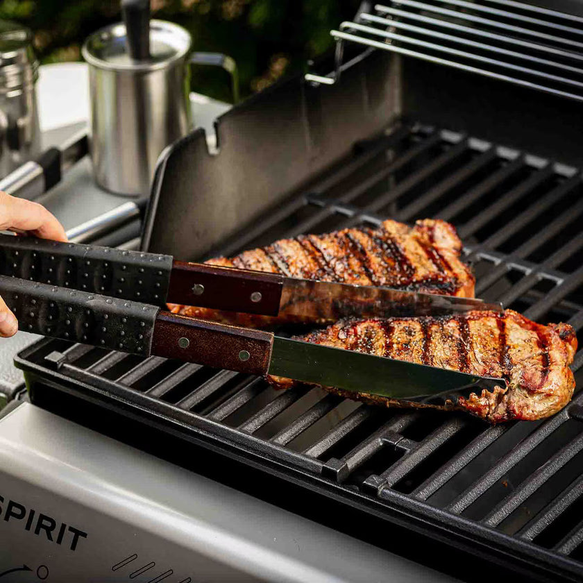 TableCraft Wooden Handle Grilling Tongs With Black Soft Grip
