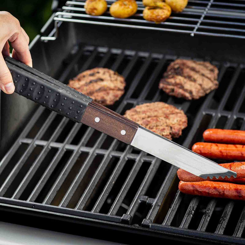 TableCraft Wooden Handle Grilling Tongs With Black Soft Grip
