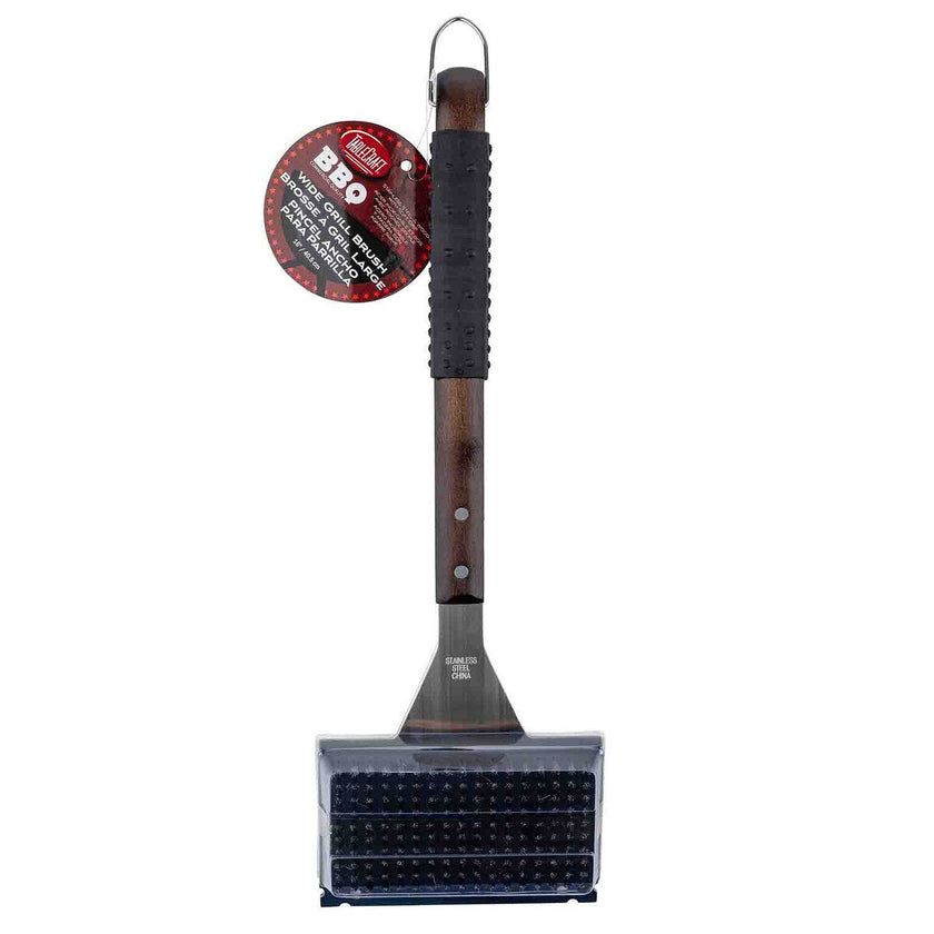 TableCraft Wooden Handle Wide Grill Brush with Black Soft Grip