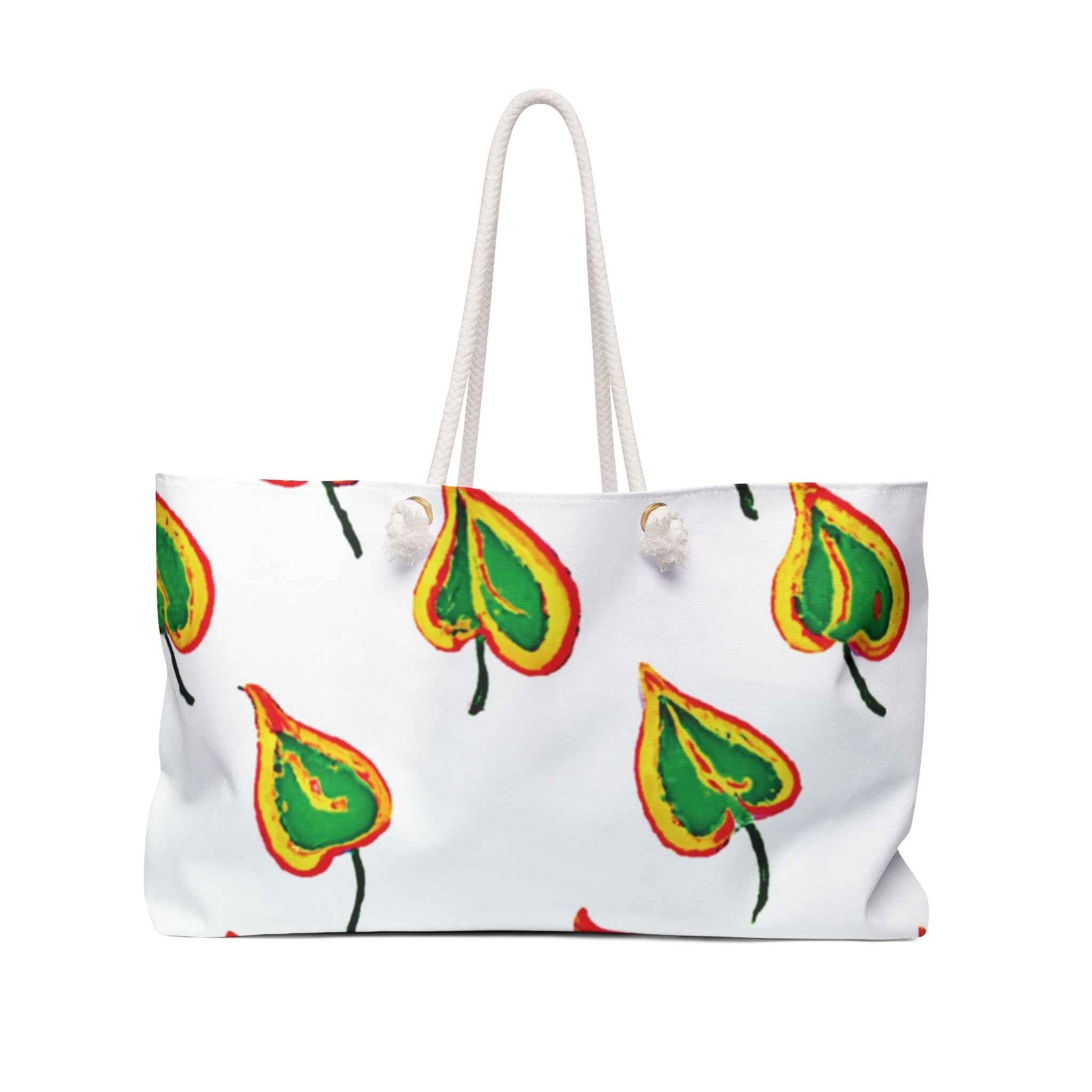 Green Heart Leaf Weekender Bag | Hand-Painted Botanical Pattern