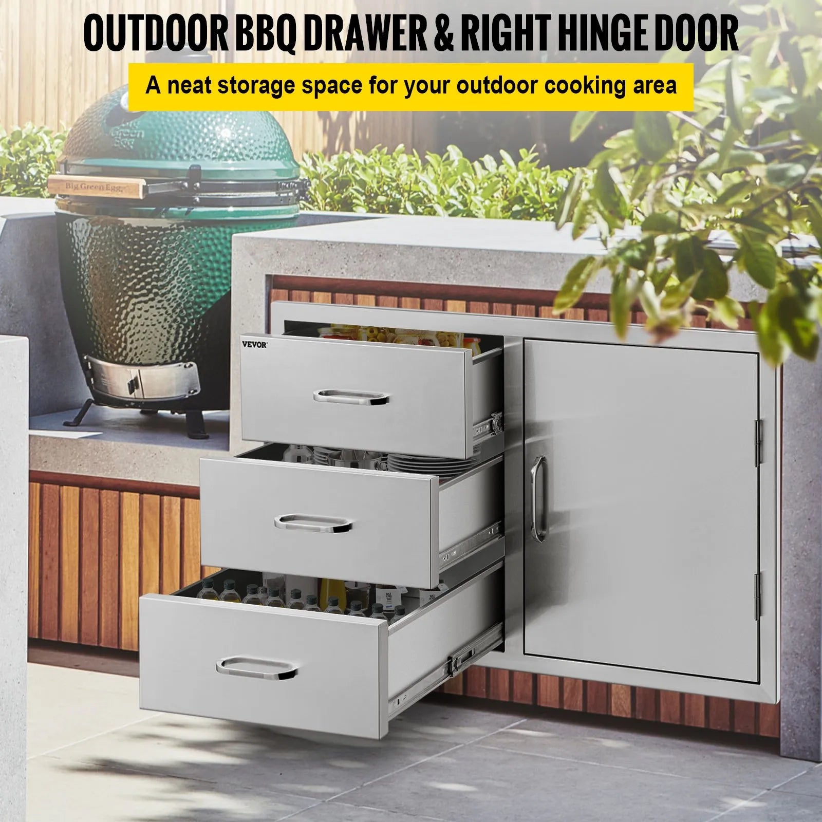 VEVOR Outdoor Kitchen Door Drawer Combo 38.1\'\'W x 22.6\'\'H x 20.8\'\'D, BBQ Access Door/Triple Drawers Combo with Stainless Steel Handles, Perfect for BBQ Island Patio Grill Station