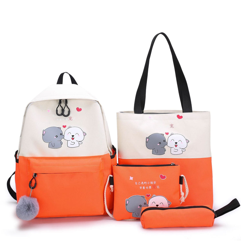 4-Piece Kids' Cartoon Cat School Backpack Set – Cute Waterproof Campus Bag (Yellow, Green, Blue, Black, Orange)