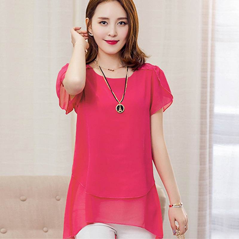 New Spring Summer Women Chiffon Loose Blouse  top O-Neck Short sleeve Plus size