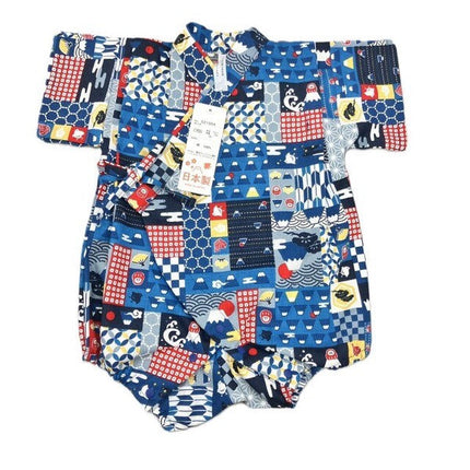 [Pre-Order] Made in Japan Jinbei Romper: Patchwork Fuji (Tsumugi Cotton) (Save 50% in January)