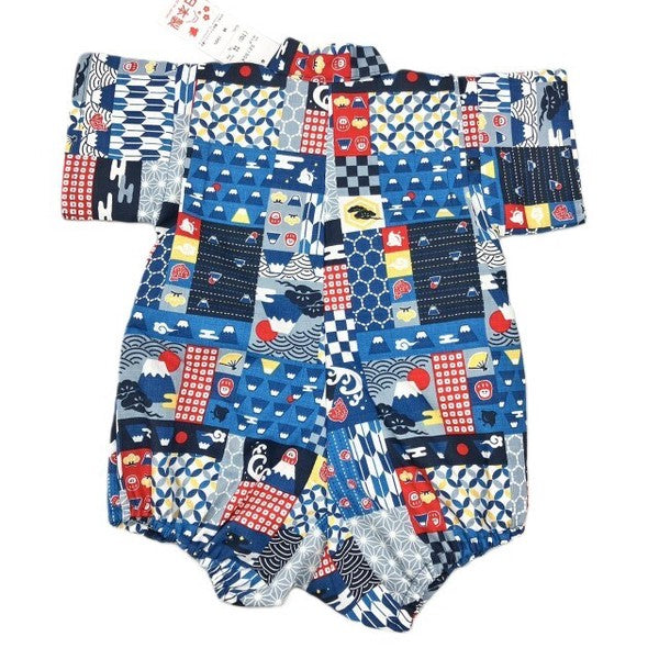 [Pre-Order] Made in Japan Jinbei Romper: Patchwork Fuji (Tsumugi Cotton) (Save 50% in January)