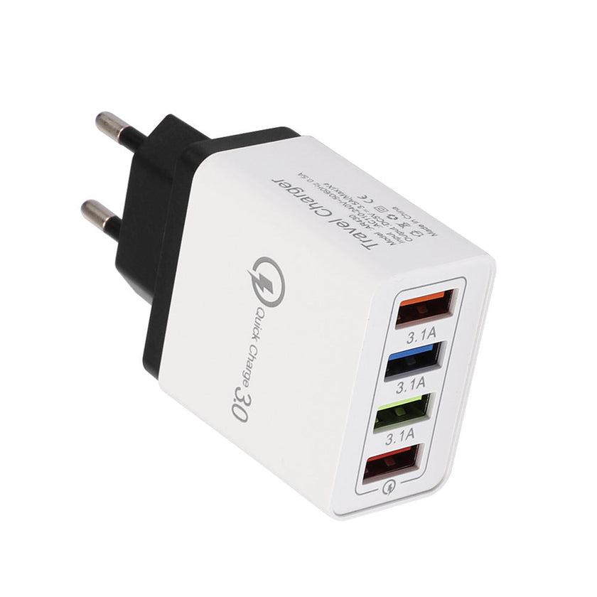 4-Port USB Wall Charger with Quick Charge 3.0 – EU, UK & US Plug | Multi-Colour