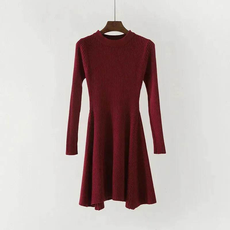 Autumn Winter Round neck Slim fit Mini Flared Sweater Dress