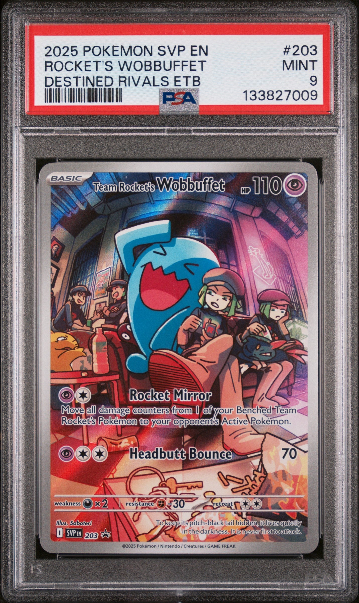 PSA 9 2025 POKEMON SVP EN-SV BLACK STAR PROMO #203 ROCKET'S WOBBUFFET DESTINED RIVALS ETB
