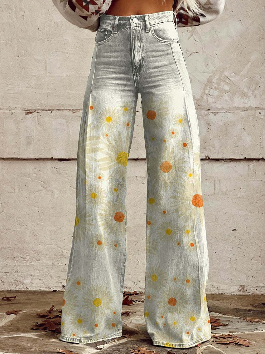 Graphic Printed Pants for Women – Stretch Denim Look Casual Trousers