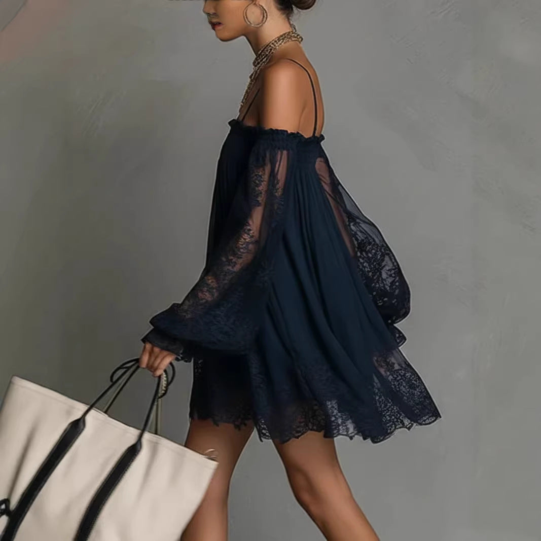 Long-Sleeve Lace Boat Neck Slip Dress – Solid Color Stretch Mini