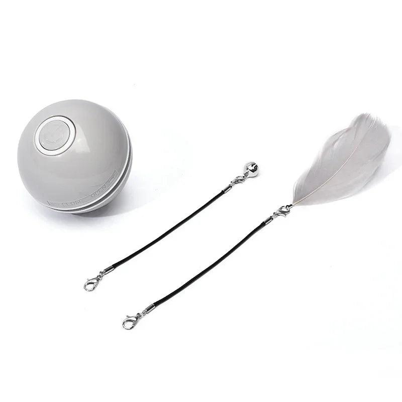 USB Rechargeable LED Rolling Cat Ball Toy with Feather & Bell – Blue, White, Gray, Pink