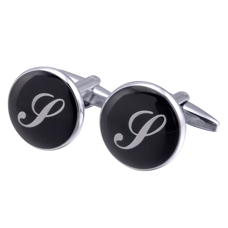 Men's Black Round Enamel Initial Letter Cufflinks – Brass & Crystal Formal Cufflinks A–Y | Canada & USA