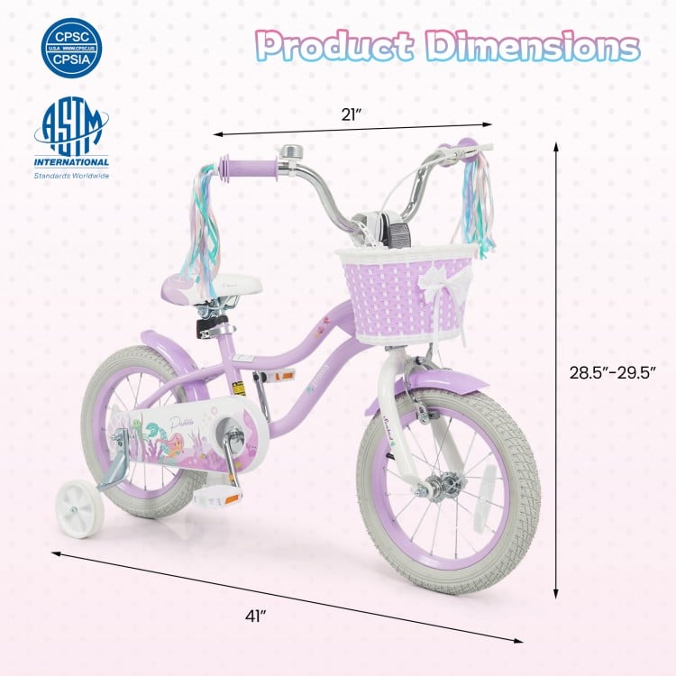 14 Inch Kids Bike Adjustable with Basket and Streamers Purple - Princess of the Sea Theme