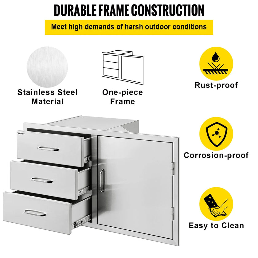 VEVOR Outdoor Kitchen Door Drawer Combo 38.1\'\'W x 22.6\'\'H x 20.8\'\'D, BBQ Access Door/Triple Drawers Combo with Stainless Steel Handles, Perfect for BBQ Island Patio Grill Station