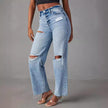 Ripped Raw-Hem High Waist Straight-Leg Jeans for Women – Casual Washed Denim