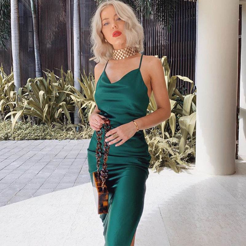 Women's Satin Drape Cowl Neck Sleeveless summer dress Strappy Cami Split Slit Party Midi Dress