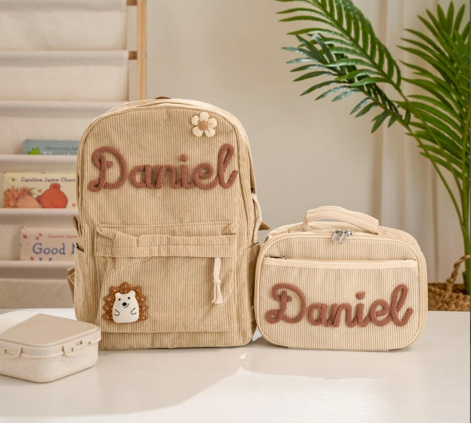 Kids Corduroy Backpack & Lunch Bag Set – Handmade Chunky Yarn, 7 Colour Combos